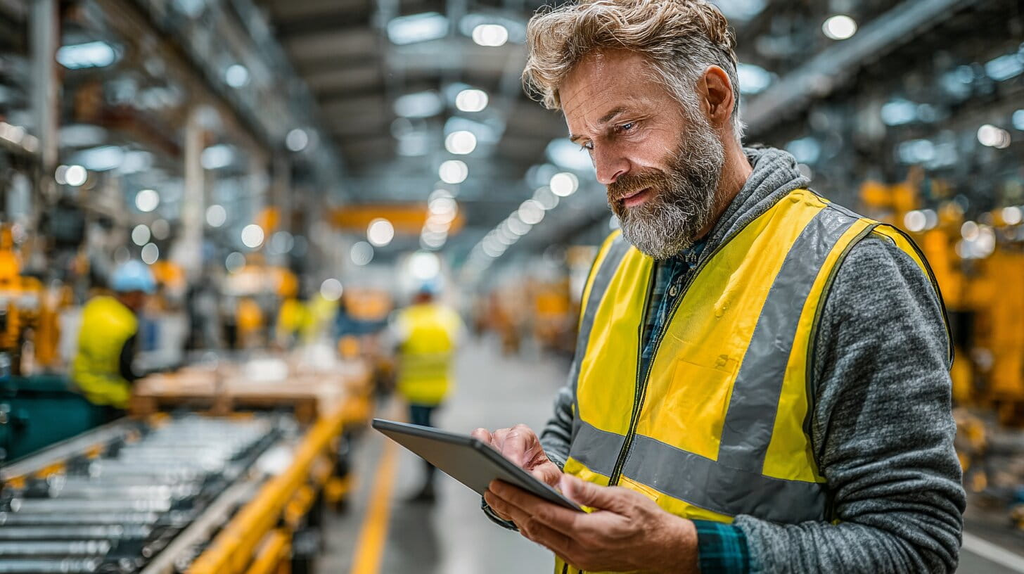 A manufacturing operations manager reviewing production data on a tablet in a modern UK factory floor, with machinery and workers visible in the background
