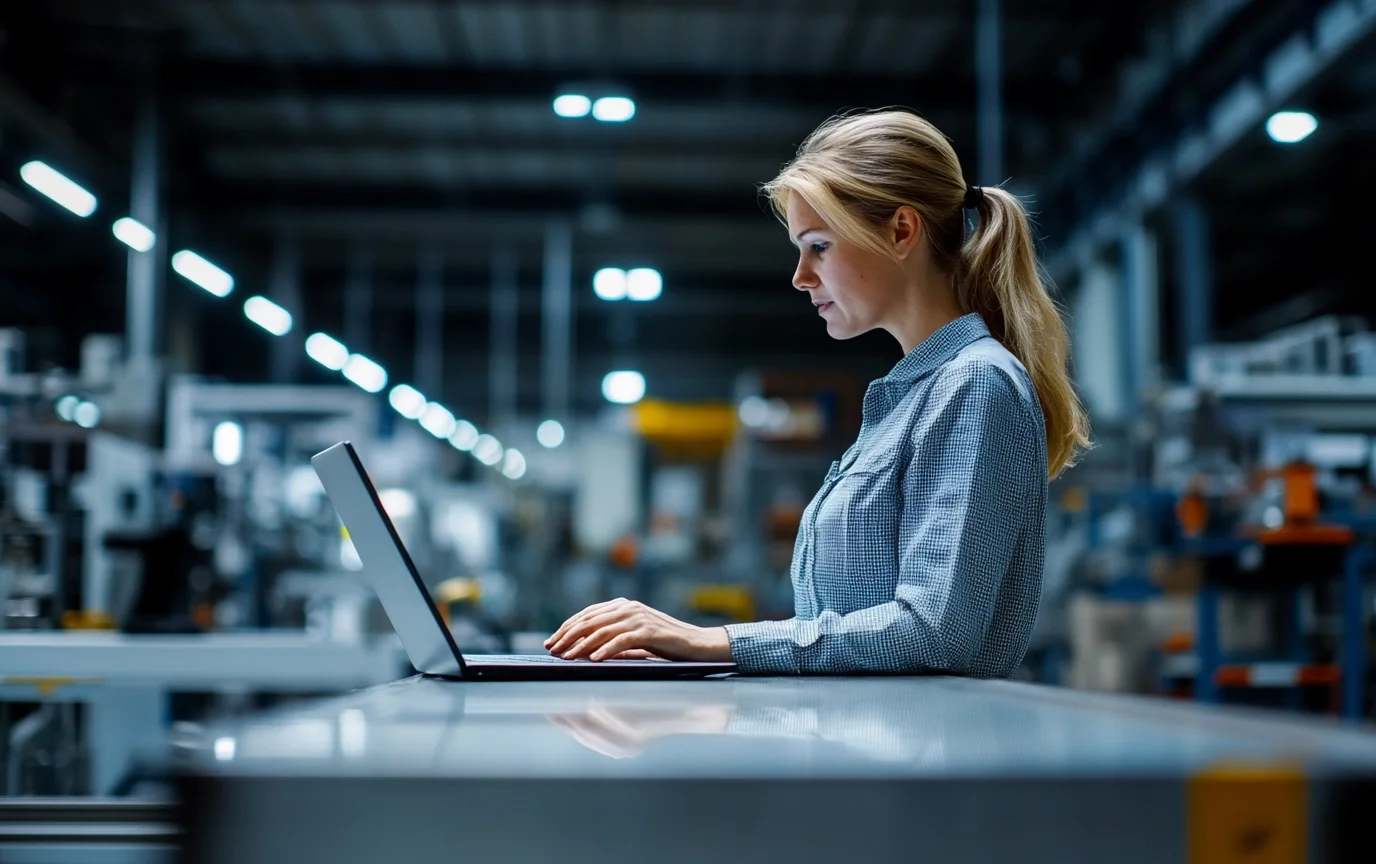 Plant manager reading a manufacturing forum on a laptop in a UK factory