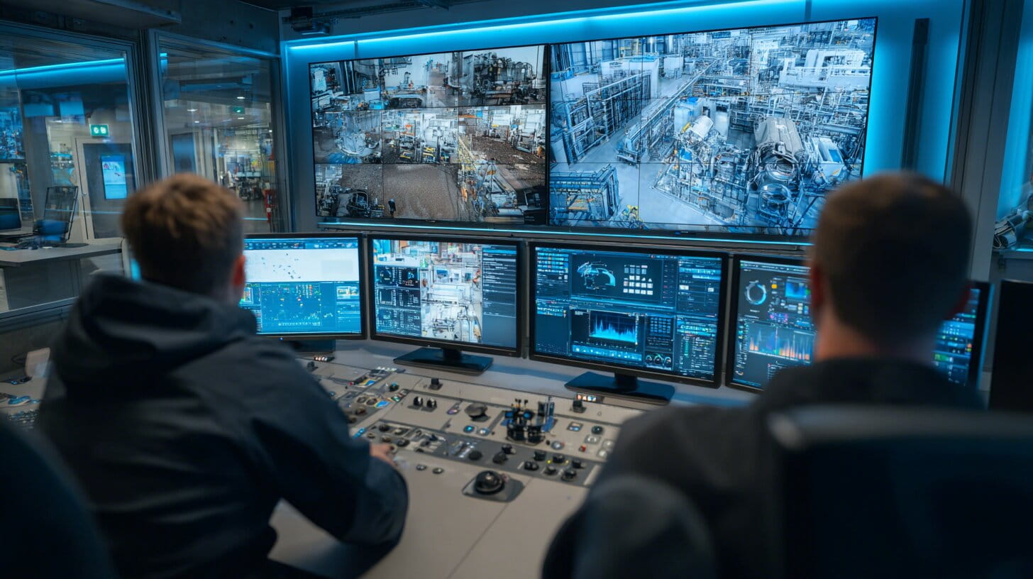 Engineers monitoring digital twin displays in a modern UK manufacturing control room with 3D engine visualisations and real-time analytics