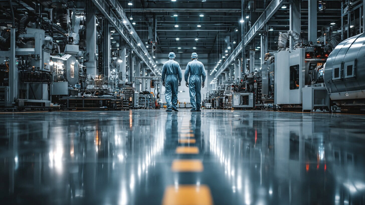 Advanced fighter jet manufacturing facility showing workers inspecting aerospace components on a production line