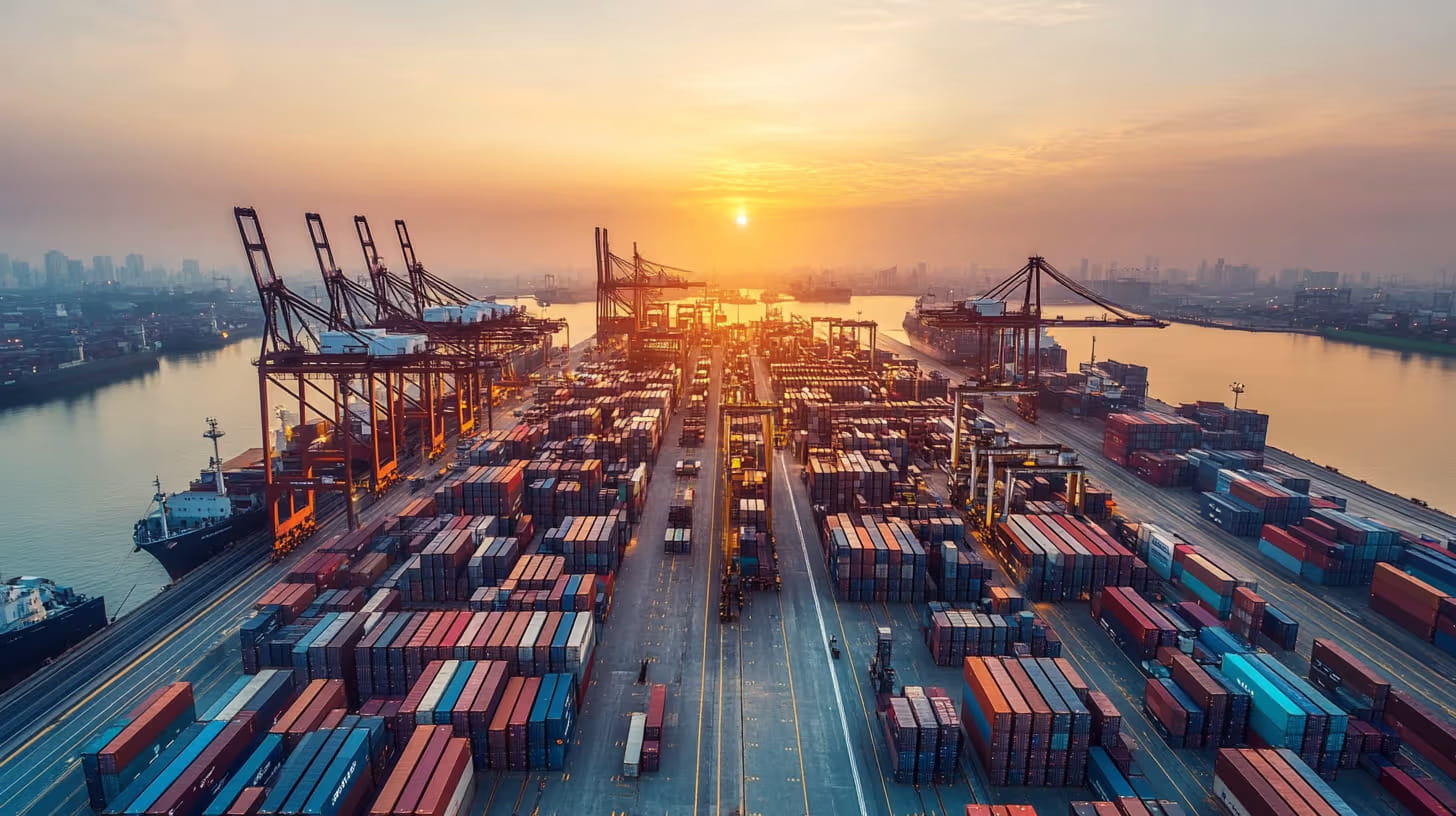 Aerial view of a modern logistics port with shipping containers and automated cranes at dawn