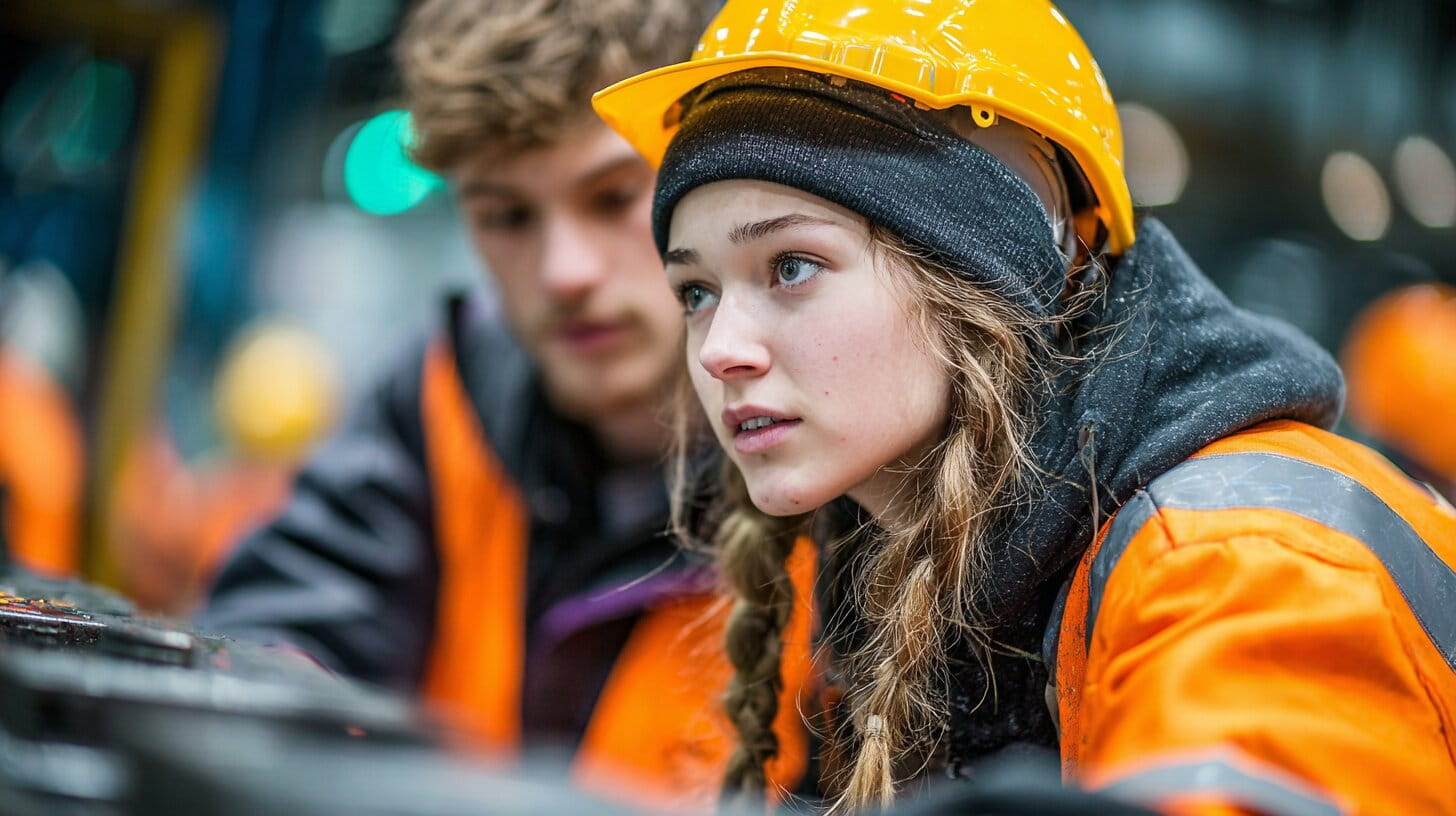 Young apprentice engineer learning precision manufacturing skills from an experienced mentor in a modern UK factory