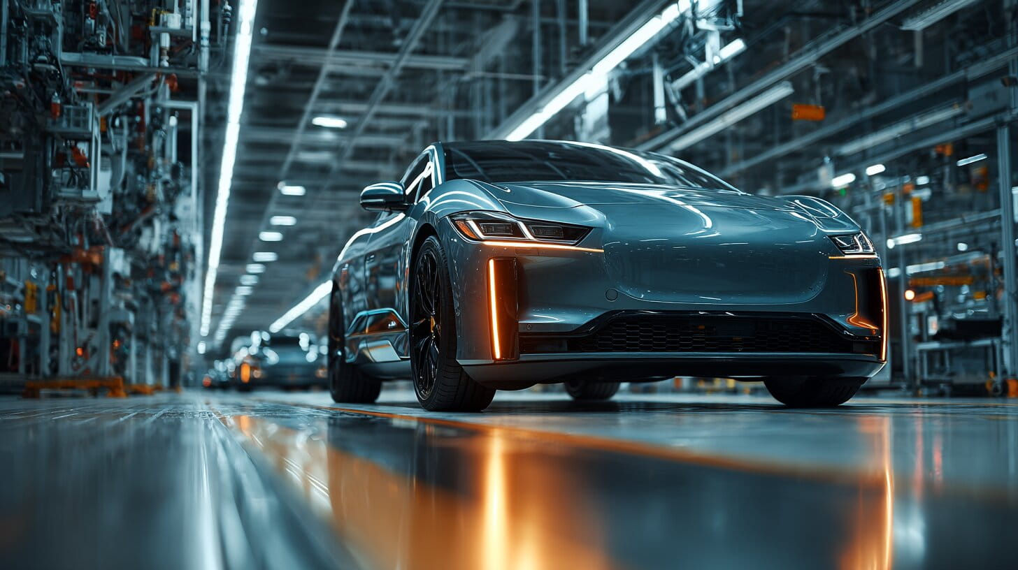 Electric vehicle rolling off a modern UK automotive production line with robotic assembly equipment in the background
