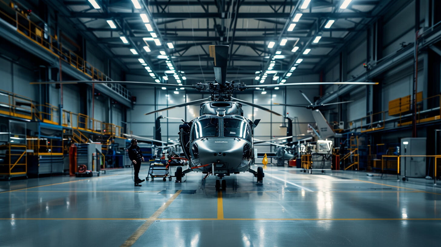 Modern helicopter manufacturing facility showing military helicopters in assembly with aerospace engineers and technicians working on the production line