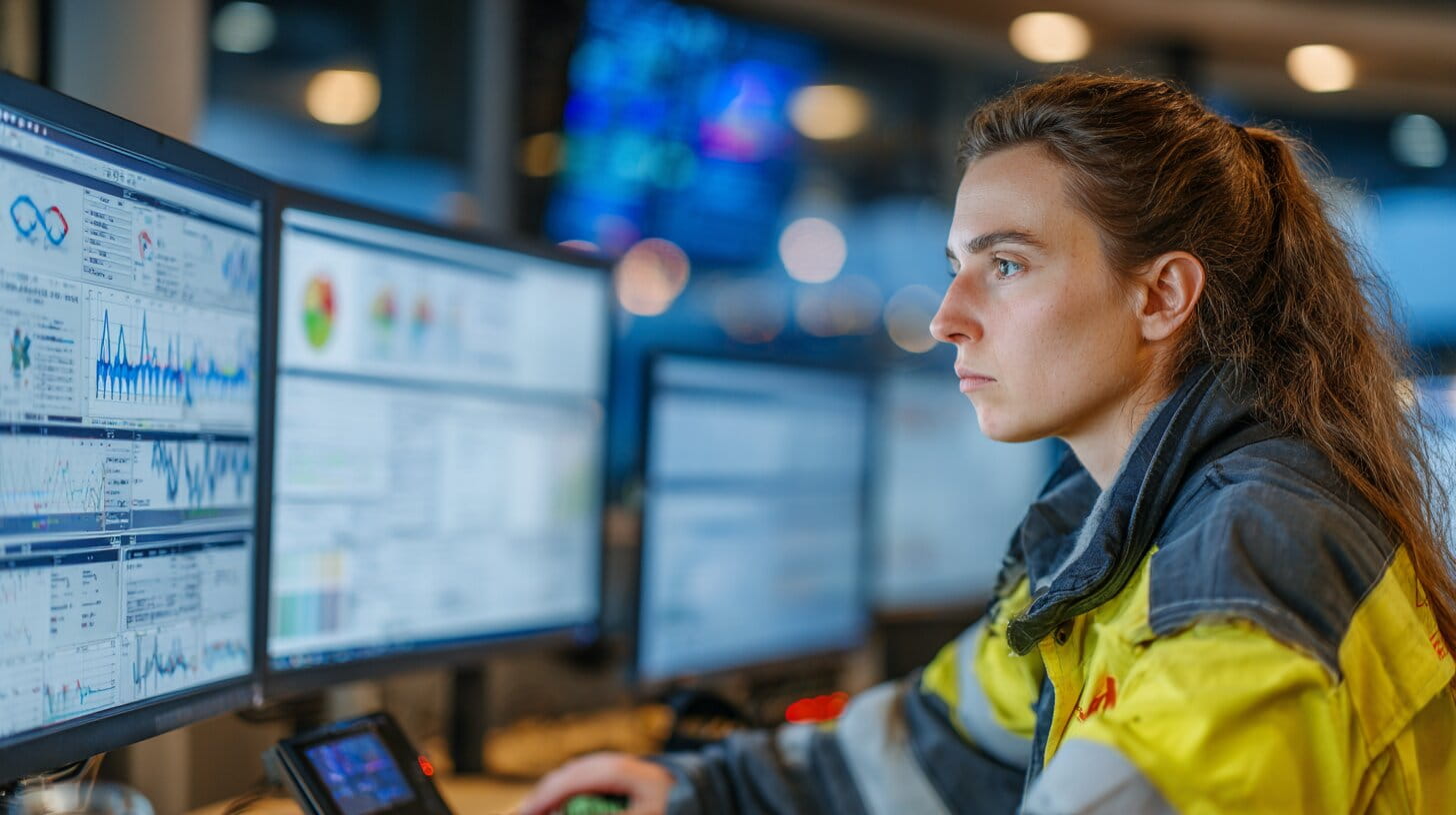 Operations manager in a UK manufacturing facility control room monitoring energy costs and supply chain data on multiple screens