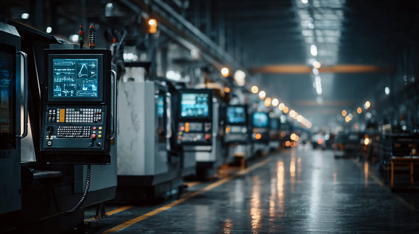 Modern UK factory floor with CNC machines displaying real-time production data on digital screens