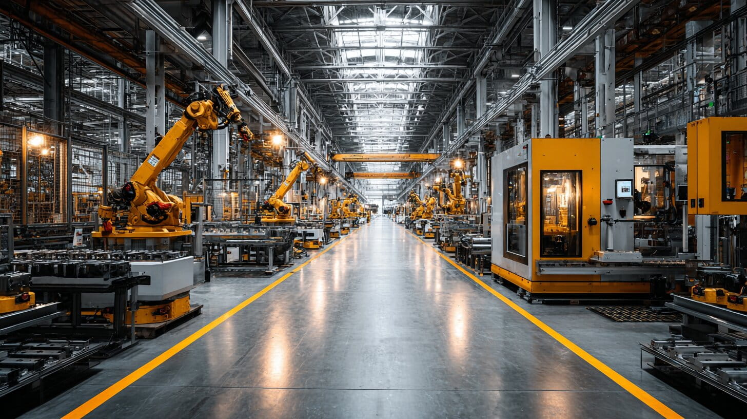 Modern UK manufacturing facility with automated production lines and workers monitoring machinery