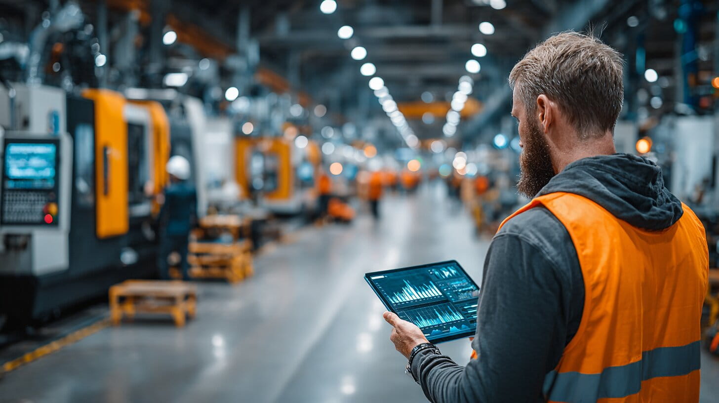 Production manager reviewing performance data on tablet inside modern UK manufacturing facility with CNC machines operating