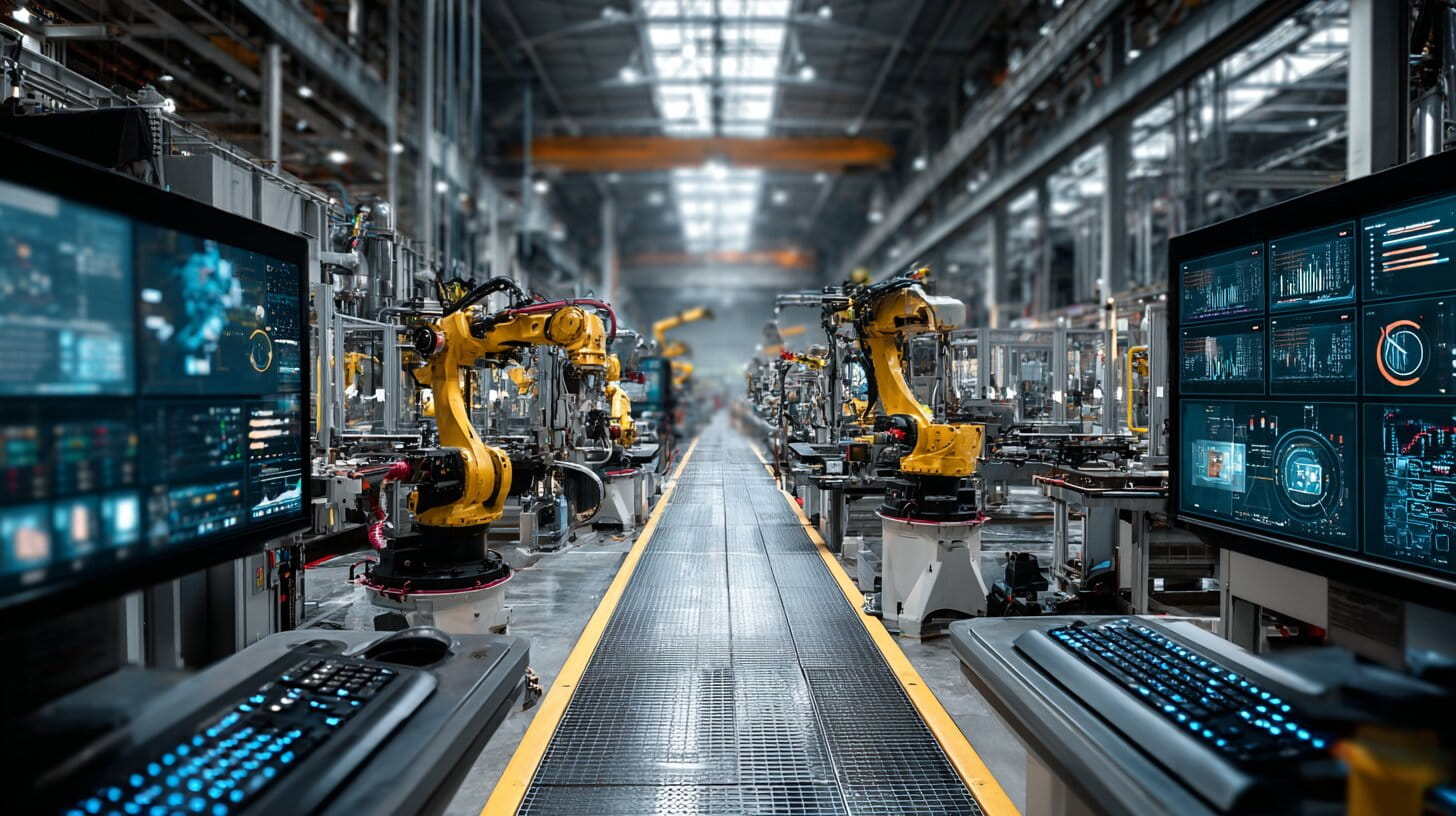 A modern UK factory floor with robotic automation equipment and a technician monitoring digital production dashboards