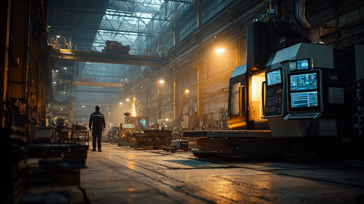 Inside a modern British manufacturing facility with advanced machinery and a worker monitoring production