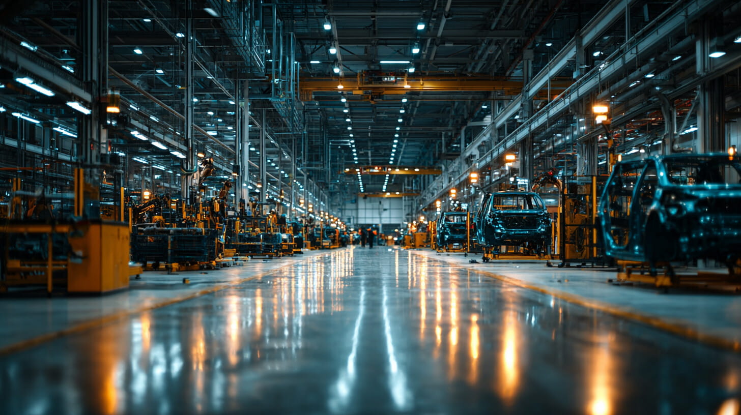 A modern UK automotive factory floor with robotic assembly arms paused along a production line, engineers inspecting equipment under industrial lighting