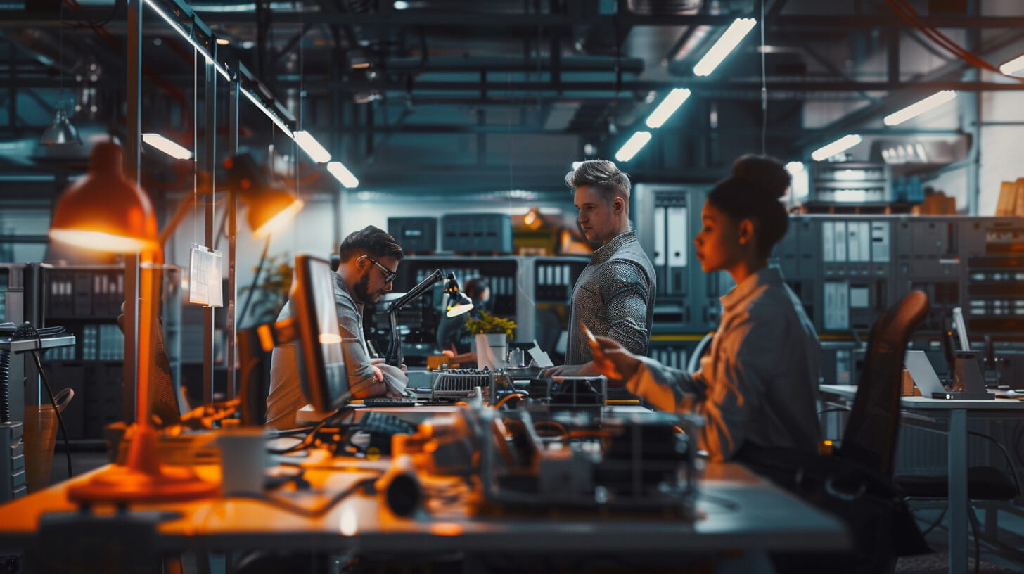 Engineers at a UK technology startup working on advanced manufacturing equipment and robotics systems for defence applications